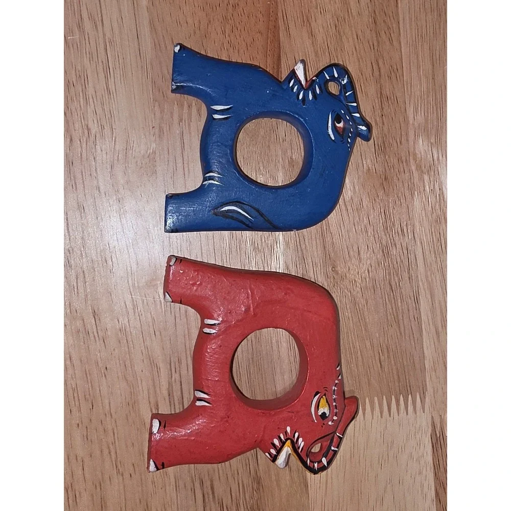 Vintage folk art set of six hand painted and carved animal napkin rings